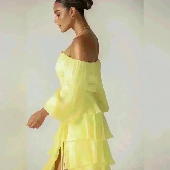 Alieva Dorra Chiffon Midi Dress Size Small Yellow Ruffle Sexy Girly Wavy - Picture 5 of 14